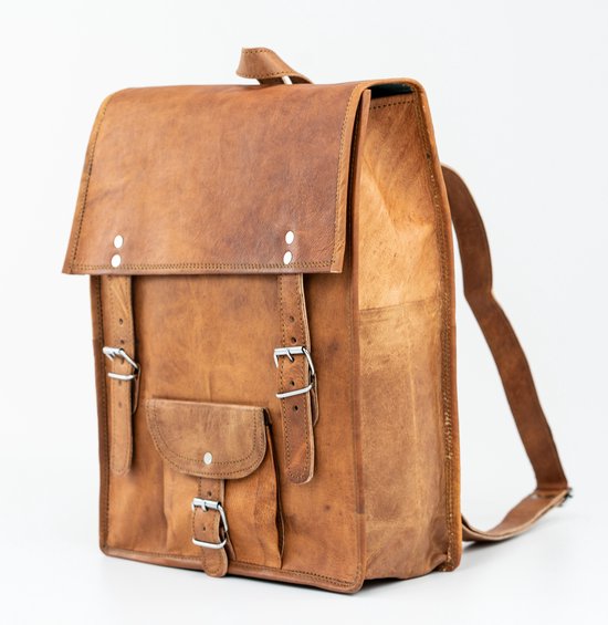 Sac à dos « Urban Vintage» – Rectangulaire – Cuir véritable – Sac à dos marron Cognac fait main – 45 x 30 x 11 cm – Documents A3 / Ordinateur portable 16 pouces – Modèle Arica 022