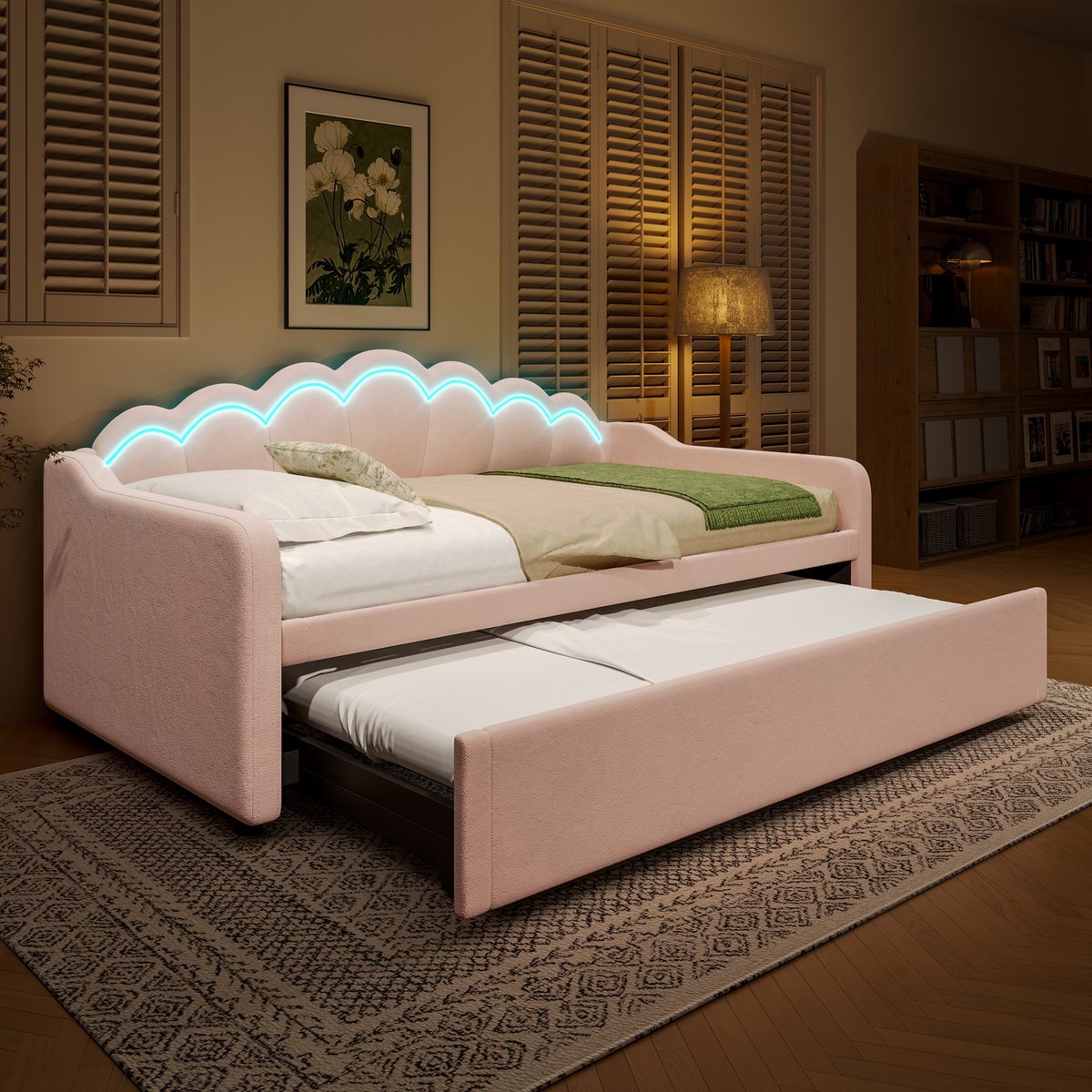 Sweiko Slaapbank - 90x200 cm (180x200 cm) met uitschuifbaar bed - Velvet - LED-strip - Zonder matras - Roze