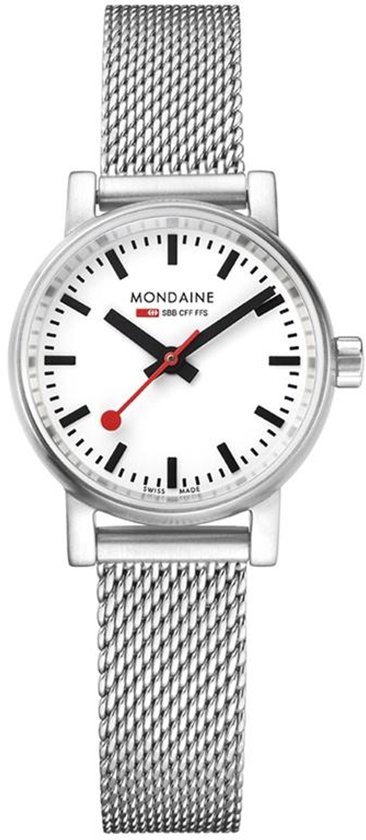 Zilverkleurig horloge met witte wijzerplaat, zwarte wijzers, rode secondewijzer en zilverkleurige milanese band.