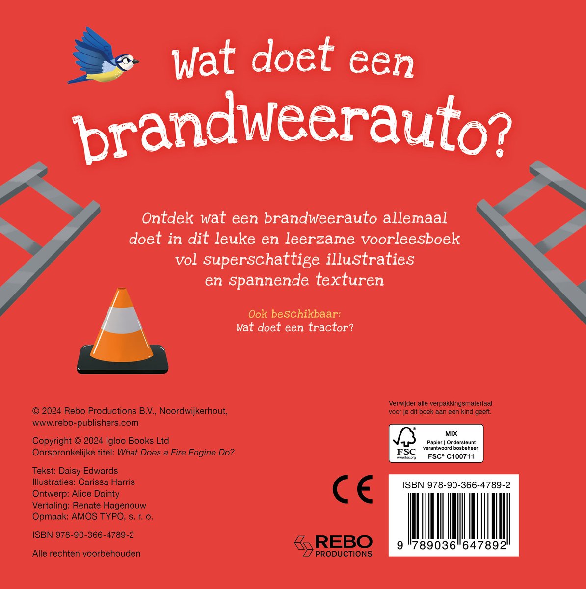 Boek "Wat doet een brandweerauto?" met een vogel en een verkeerskegel.