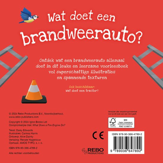 Boek "Wat doet een brandweerauto?" met een vogel en een verkeerskegel.