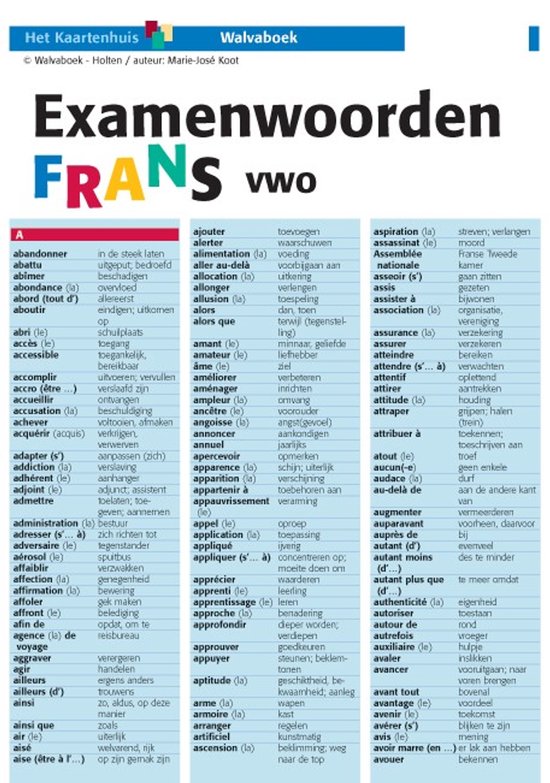 Walvaboek examenwoorden Frans vwo, een boek met lijsten van Franse woorden en hun Nederlandse vertalingen.