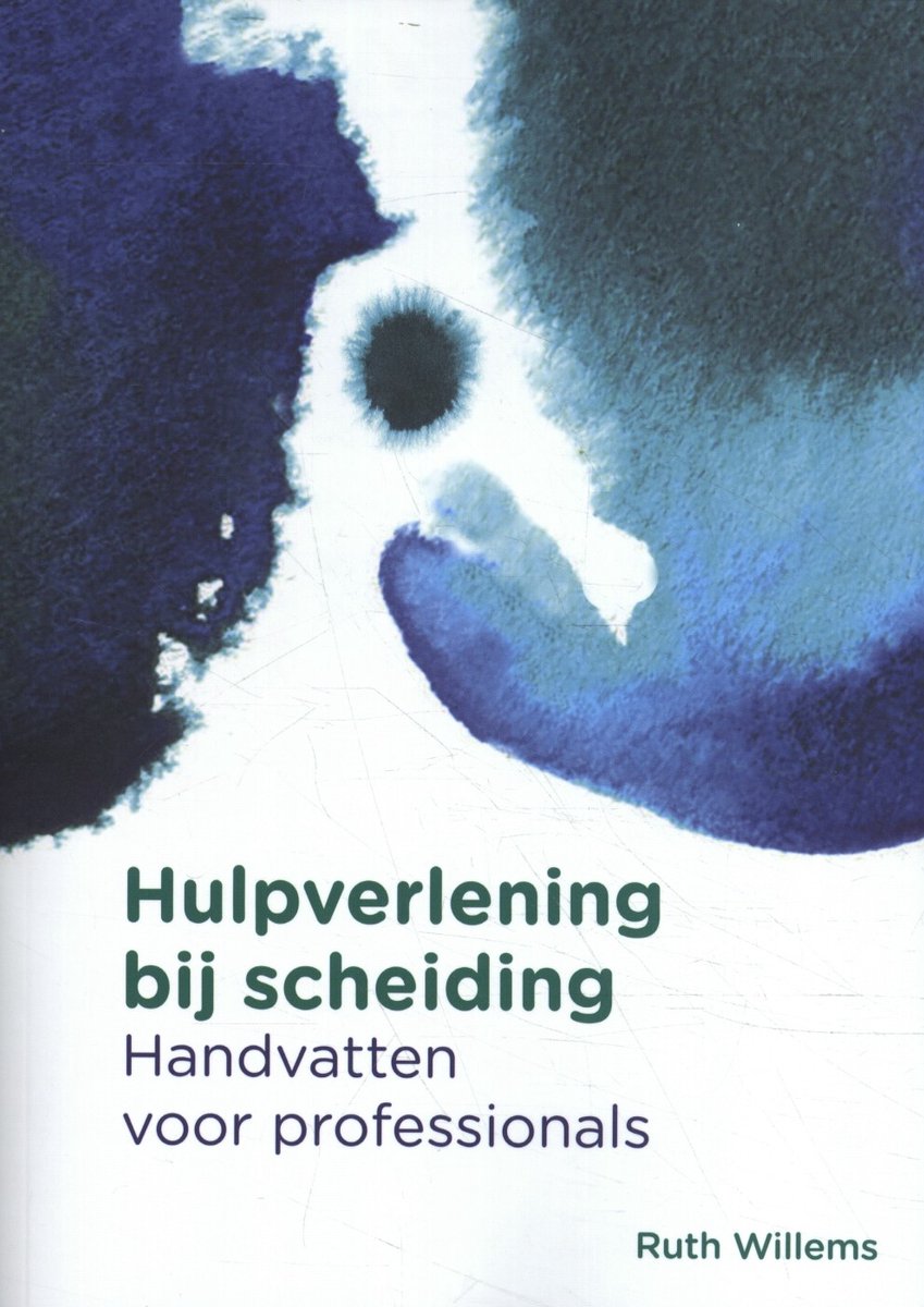 Boekomslag 'Hulpverlening bij scheiding' met abstracte blauwe en groene inktvlekken en tekst.
