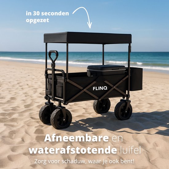 FlinQ Bolderkar met Dak tot 130 KG - Opvouwbaar - Strandkar met Duwstang - Inklapbare Bolderwagen voor Strand - 100L Inhoud met Draaibare Wielen - Zwart van FlinQ — afbeelding 2
