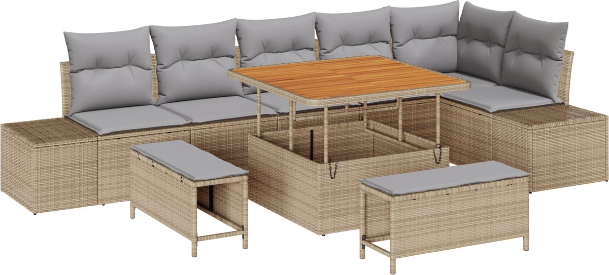 vidaXL - Tuinbank - Set - met - kussen - 9 - pcs - Beige - poly - rattan