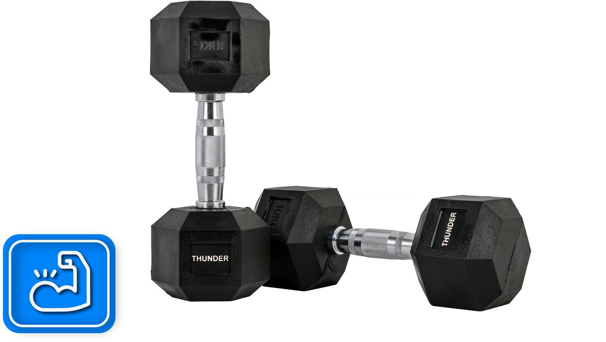 THUNDER® HEXAGONAL-DUMBBELLS-10KG Zwarte Rubberen Halter Stalen Kern Voor Krachttraining & Fitness Antislip Duurzaam & Professioneel Per Stuk - Stevige Grip – foto 6