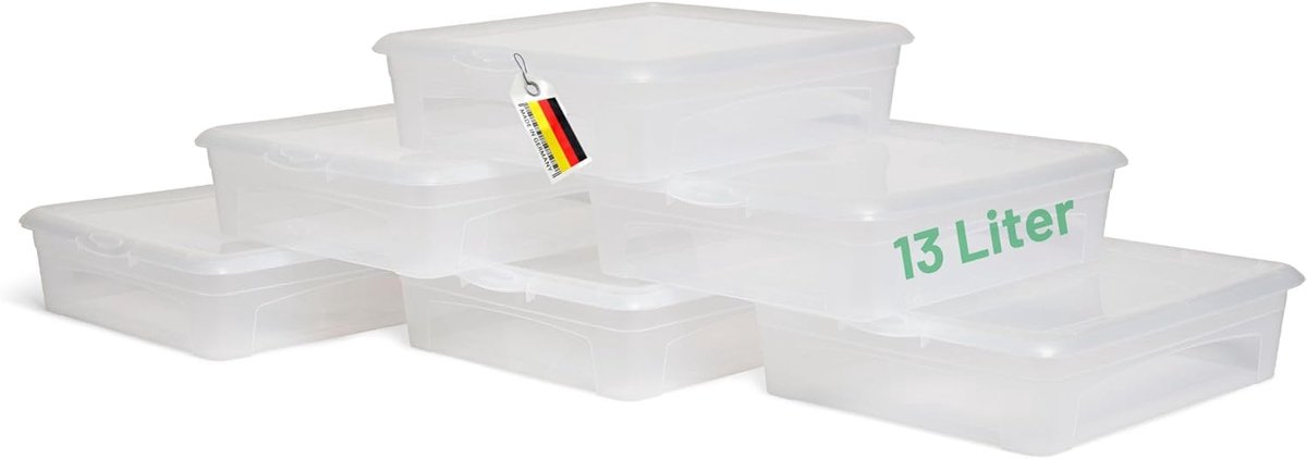 6x opbergdozen met deksel 13L transparante dozen stapelbaar nestbaar opbergdozen met clipsluiting kunststof BPA-vrij 41x34x10 cm
