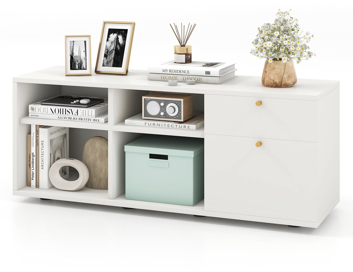 COSTWAY Borst met 2 laden, dressoir van hout, wit, opbergkast met 4 vakken en verstelbare poten, tv-kast voor tv tot 49 inch voor woonkamer slaapkamer, 108 x 39 x 50 cm