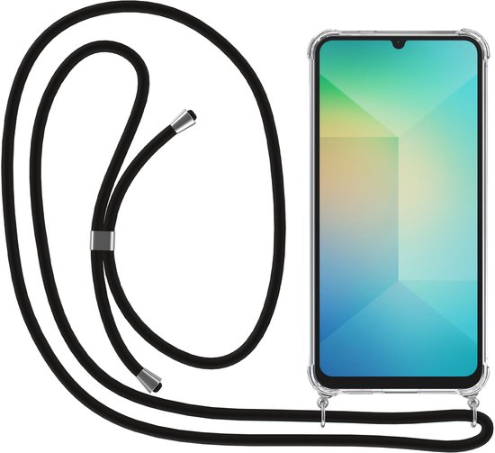 Transparant telefoonhoesje met zwart koord, met metalen accenten.