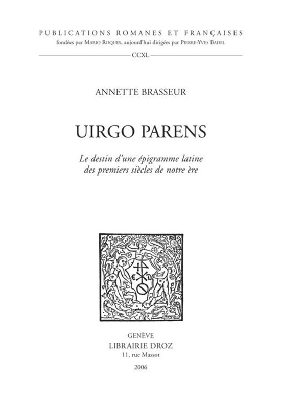 Publications Romanes et Françaises - "Uirgo parens" : Le De ... - cover