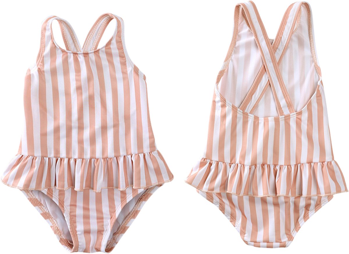 Joya Kids® Badpak Gestreept Roze Wit met Ruches Meisjes | Zwempak met ruches Strepen Zacht Roze | Zwempak Gekruisde Rug Kind | Meisje Streep Bikini Zomer | Kinderbadpak Peuter | — afbeelding 10