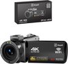 Zwarte Hayali 4K Ultra HD camcorder met 3.0" touchscreen en 56.0 megapixels. Wordt geleverd in een zwarte doos met scanbare QR-code.
