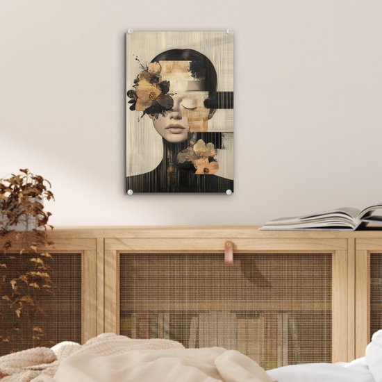 MuchoWow® Glasschilderij 20x30 cm - Schilderij acrylglas - Gezicht - Bloemen - Zwart - Vrouw - Foto op glas - Muurdecoratie woonkamer - Wanddecoratie slaapkamer - Schilderijen