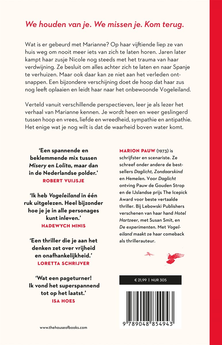 Boekkaft met rode en witte tekst: 'We houden van je. We missen je. Kom terug.' en citaten.