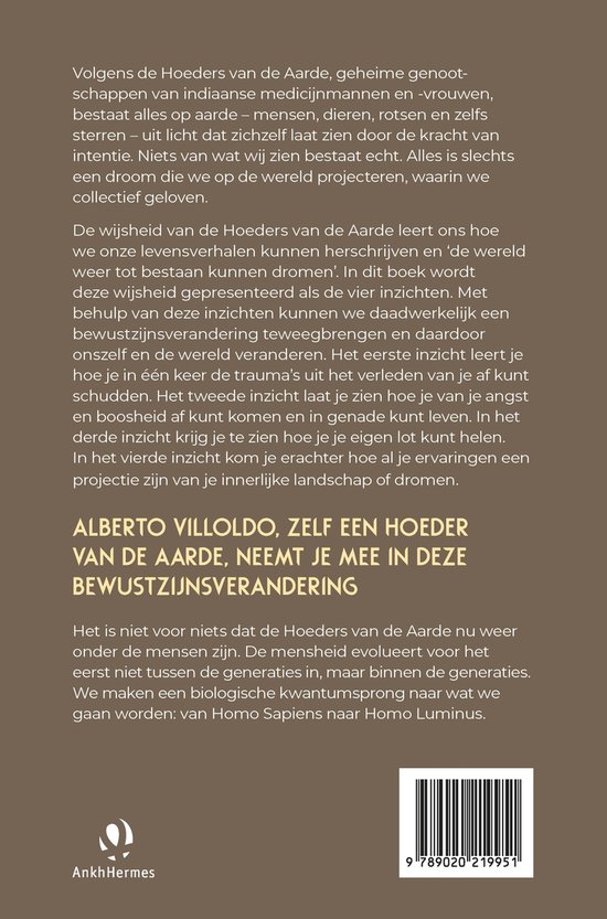 Achterkant boek "De Hoeders van de Aarde, Neemt u mee in deze bewustzijnsverandering" door Alberto Villoldo.
