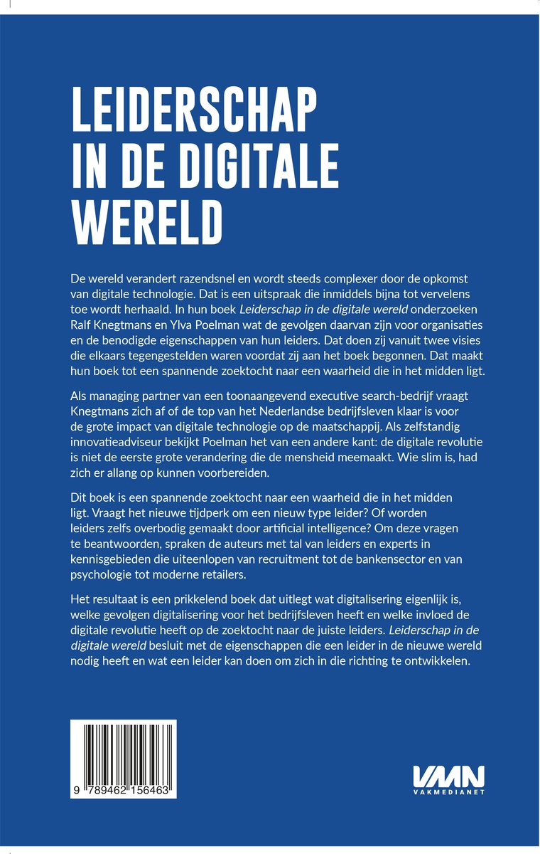 Boekomslag met tekst "Leiderschap in de digitale wereld" en een beschrijving van het boek.