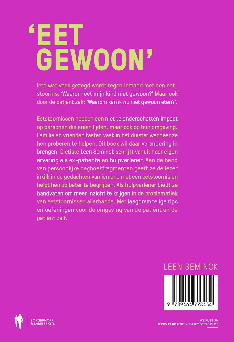 Roze tekst op witte achtergrond met titel 'EET GEWOON' door Leen Seminck. Boekbeschrijving met ISBN en website.