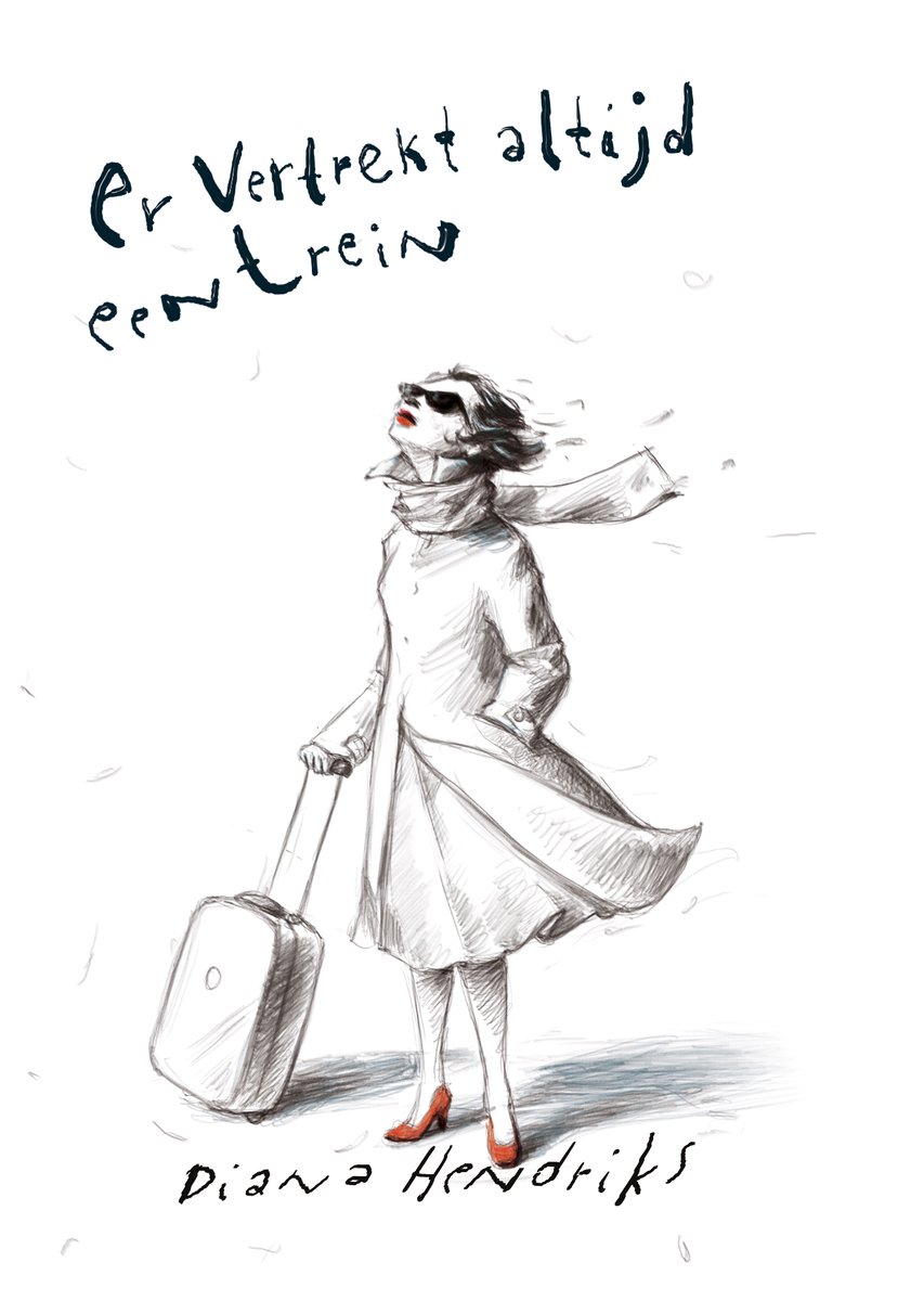 Een handgetekende illustratie van een vrouw in een lange jas, sjaal en zonnebril, met een koffer aan de hand. Tekst: 'Er vertrekt altijd een trein'.