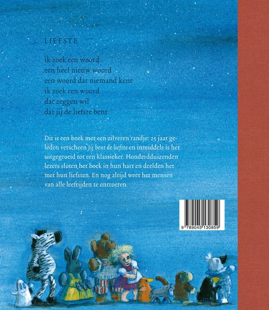 Achterkant boek 'Jij bent de liefste' met speelgoed aan de onderkant en tekst over het boek.
