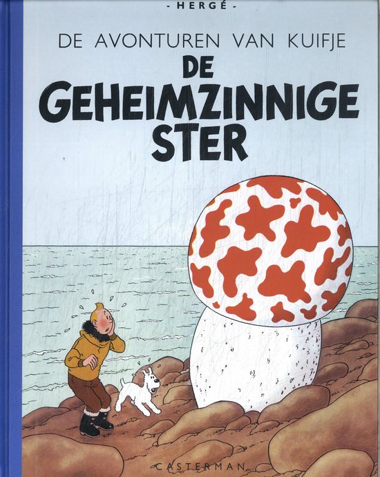 Kuifje staat naast een grote paddenstoel met rode stippen, samen met hond Bobbie, aan de waterkant.