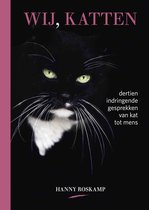 Zwarte kat met groene ogen en lange witte snorharen, met 'Wij, katten' tekst.
