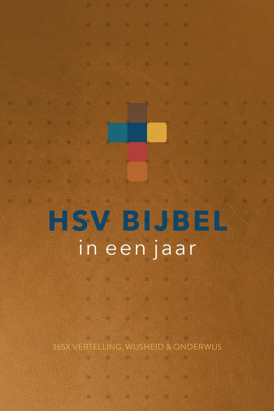 Bruine kaft met een gekleurd kruis en de tekst "HSV BIJBEL in een jaar"