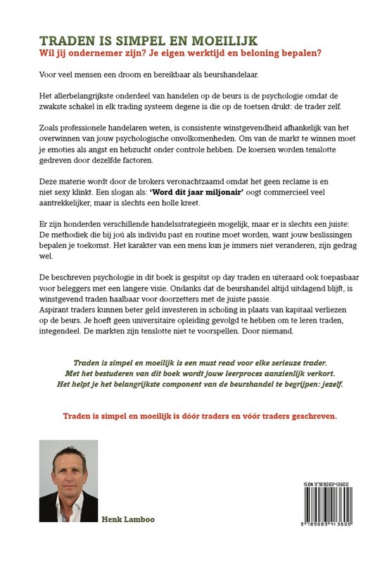 Boekomslag met foto van Henk Lamboo, titel "Traden is simpel en moeilijk" en uitleg over psychologie van beurshandel.