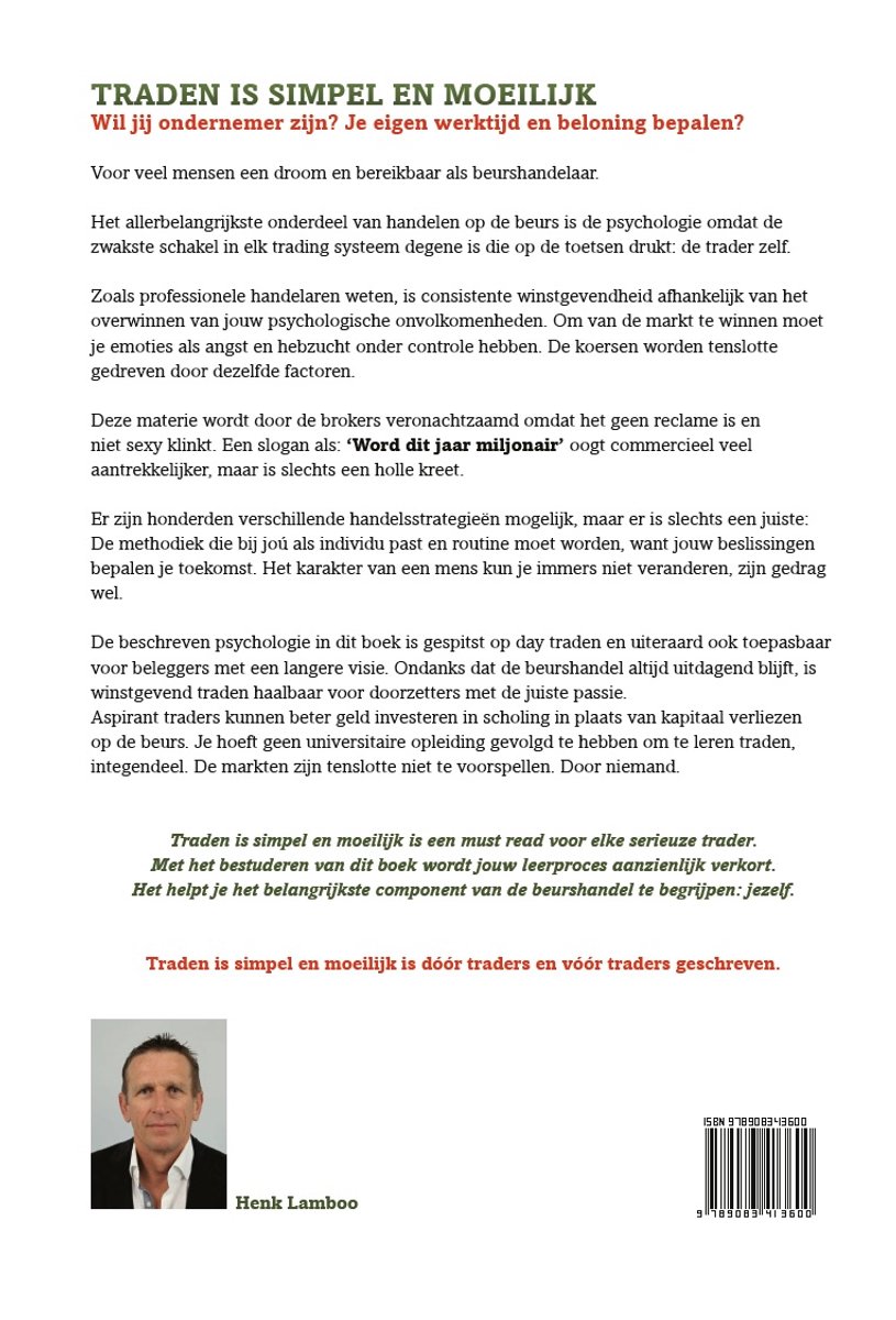 Boekomslag met foto van Henk Lamboo, titel "Traden is simpel en moeilijk" en uitleg over psychologie van beurshandel.