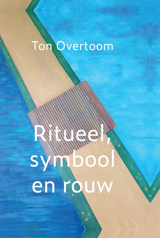 Boekomslag "Ritueel, symbool en rouw" van Ton Overtoom. Een abstracte illustratie van een brug over blauw water.