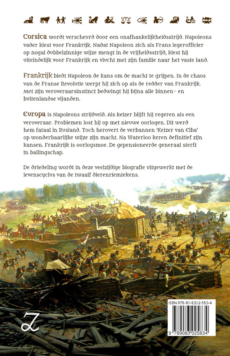 Boekomslag met de titel 'Geboren veroveraar' en een schilderij van een historische veldslag.