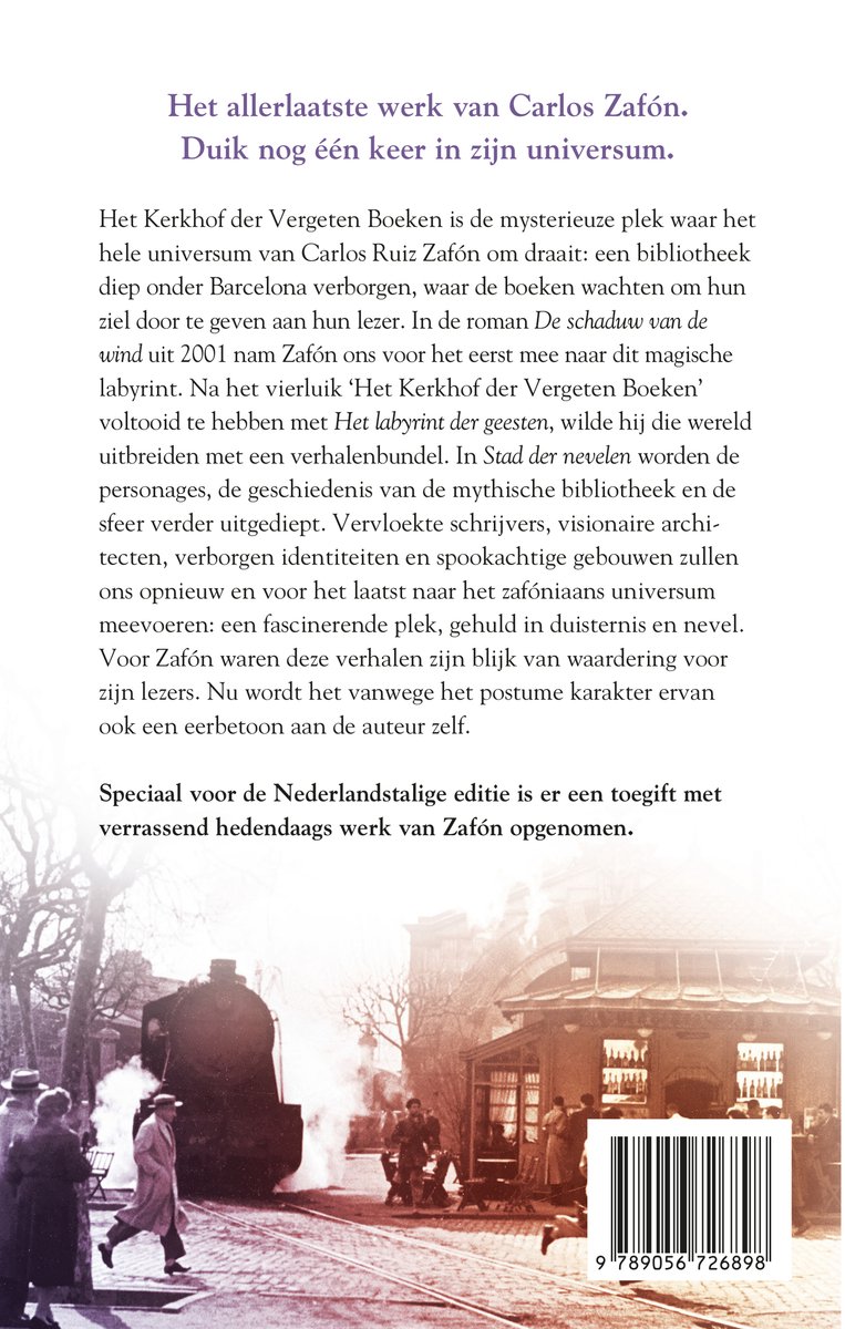 Boekomslag van 'Het Kerkhof der Vergeten Boeken' met een treurige menigte bij een stoomtrein. De titel is prominent aanwezig.
