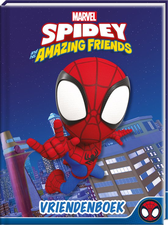 Spidey en zijn Amazing Friends vriendenboek met Spidey die rond de stad slingert, met de tekst MARVEL SPIDEY and his AMAZING FRIENDS VRIENDENBOEK.