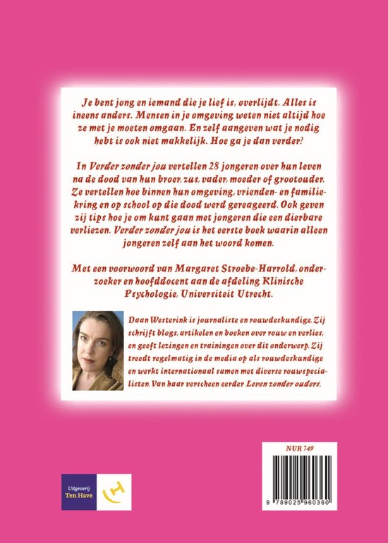 Achterkant boek 'Verder zonder jou' met een foto van Daan Westerink, tekst en ISBN.
