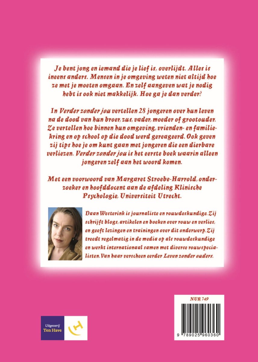 Achterkant boek 'Verder zonder jou' met een foto van Daan Westerink, tekst en ISBN.