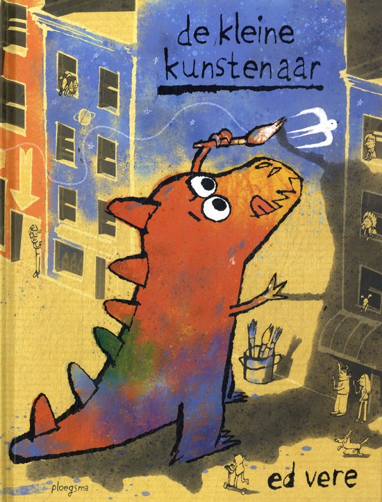 Boek met illustratie van een oranje dinosaurus die een schilderij vasthoudt voor een stadsgezicht. Titel: 'de kleine kunstenaar'.