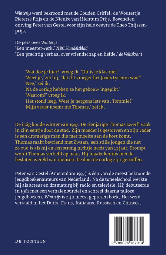 Boekomslag van Winterijs met tekst over de prijzen, citaten en een samenvatting van het verhaal. Inclusief ISBN.