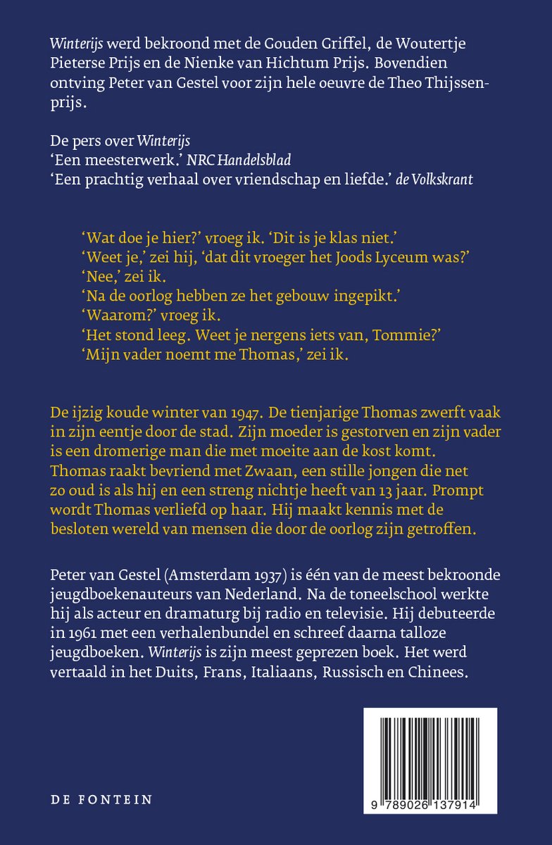 Boekomslag van Winterijs met tekst over de prijzen, citaten en een samenvatting van het verhaal. Inclusief ISBN.