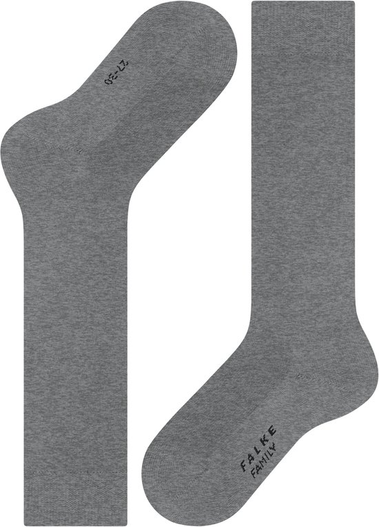 Grijze kniekousen, met 'Falke Family' logo op de zool.