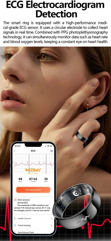 Zwarte slimme ring met ECG-detectie, gedragen door een vrouw met een app-weergave.