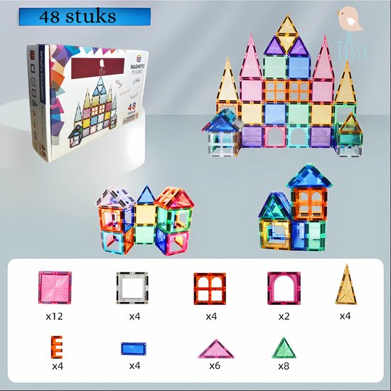 Tissy® - Magnetisch Speelgoed - Magnetic Tiles - Bouwspeelgoed - 48 Stuks - Bouwblokken - Magneten Speelgoed - Magnetische Tegels - Bouwstenen - Montessori Speelgoed - Educatief Speelgoed - Jongens & Meisjes - Cadeau - Sinterklaas