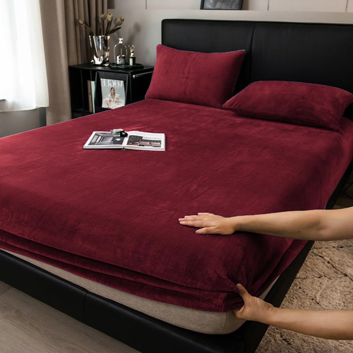 Ibenzoa Warm en Knus Winter Hoeslaken van Flanel en Fleece voor Optimaal Slaapcomfort rood
