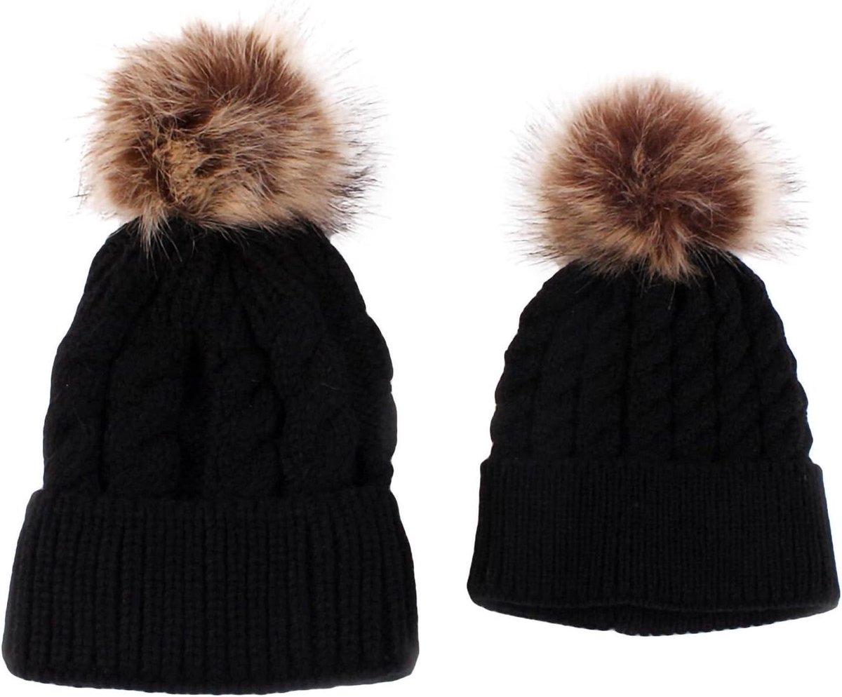 Ouder-Kind-Familie Bijpassende Hoeden Set - Gebreide Muts Warmer voor Moeder en Baby - Wit/Zwart, One size, 2 stuks