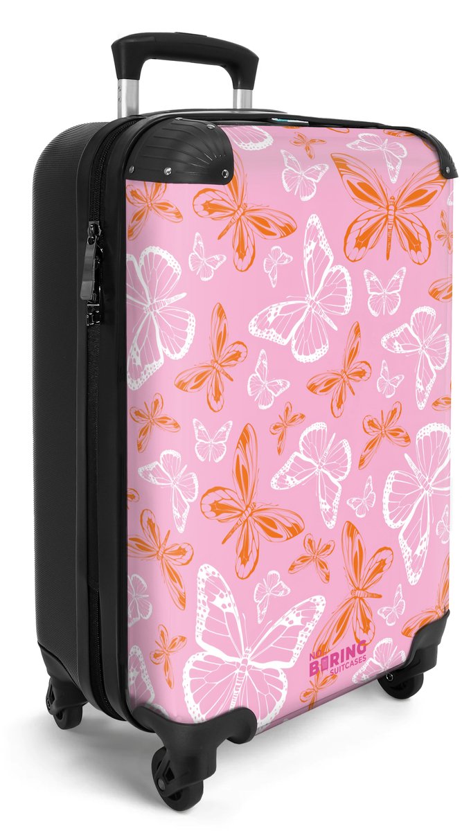 NoBoringSuitcases.com® - Handbagage koffer lichtgewicht - Reiskoffer trolley voor reizen - Patroon van vlinders in roze en oranje - Cabine rolkoffer met wieltjes - Travel luggage - Hardcase valies klein - Past binnen 55x40x20 en 55x35x25