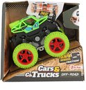 Lichtgroene monstertruck met rode velgen, in een 'Cars & Trucks Off-Road' verpakking.