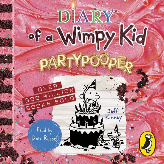 Boekomslag: "Diary of a Wimpy Kid Partypooper" met Greg Heffley op een taart, omringd door roze glazuur en chocolade.