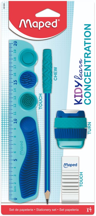 Set avec règle, crayon, gomme et taille-crayon bleus et turquoise, avec le texte "KIDY learn CONCENTRATION".