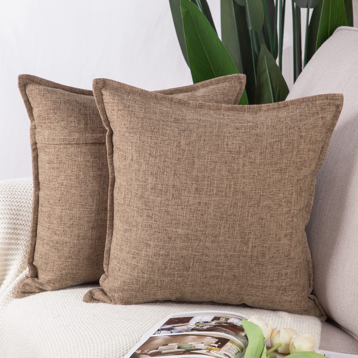 Unyqoos Set van 2 Elegante Linnen Kussenhoezen voor Woonkamer en Slaapkamer in Lichtbruin, 40 x 40 cm
