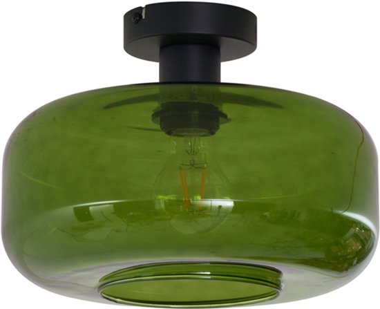 Groene glazen plafondlamp met zwarte fitting en zichtbare gloeilamp.