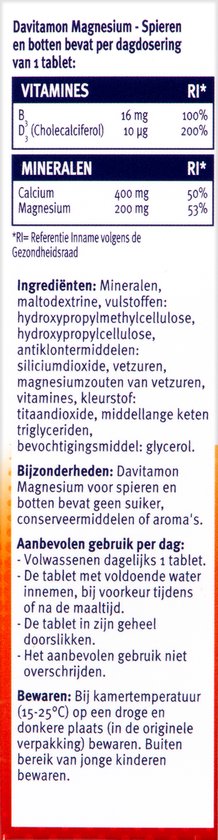 Ingrediënten en gebruiksaanwijzing voor Davitamon Magnesium: mineralen, calcium, magnesium, vitamines B3 en D3.