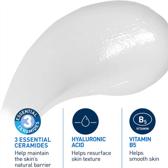 Een grote druppel CeraVe serum met cirkels die 3 essentiële ceramiden, hyaluronzuur en vitamine B5 aanduiden.